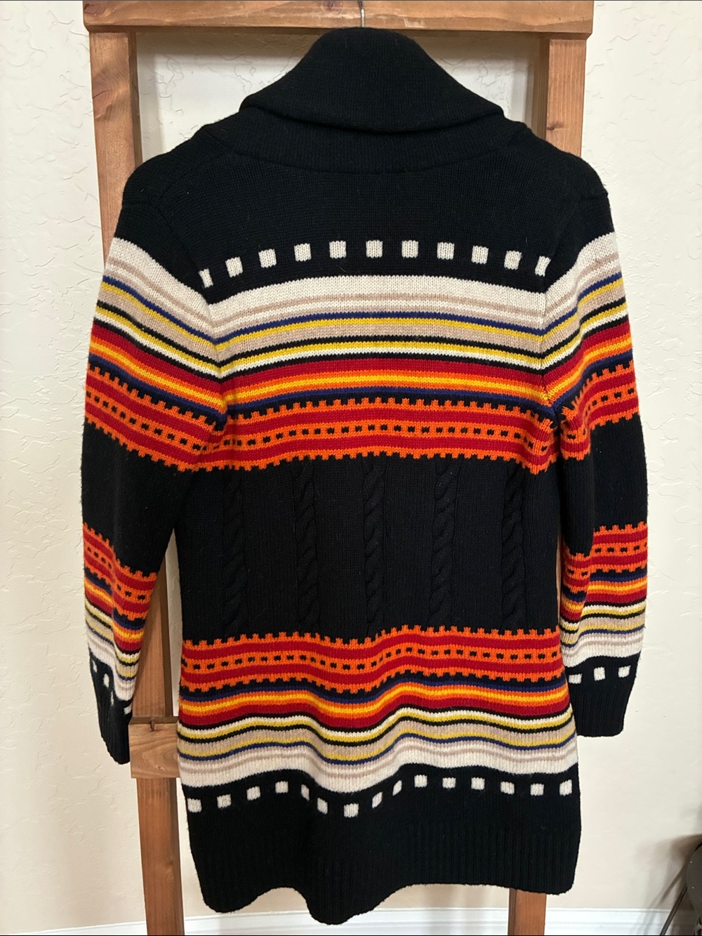 Pendleton Black Shawl-Collar Cardigan with Red, Orange & Cream Stripes - Picture 3 of 3